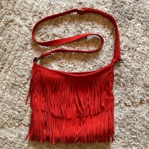 Vintage red suede fringe crossbody purse